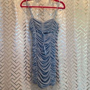 Light blue sparkly ruched mini dress